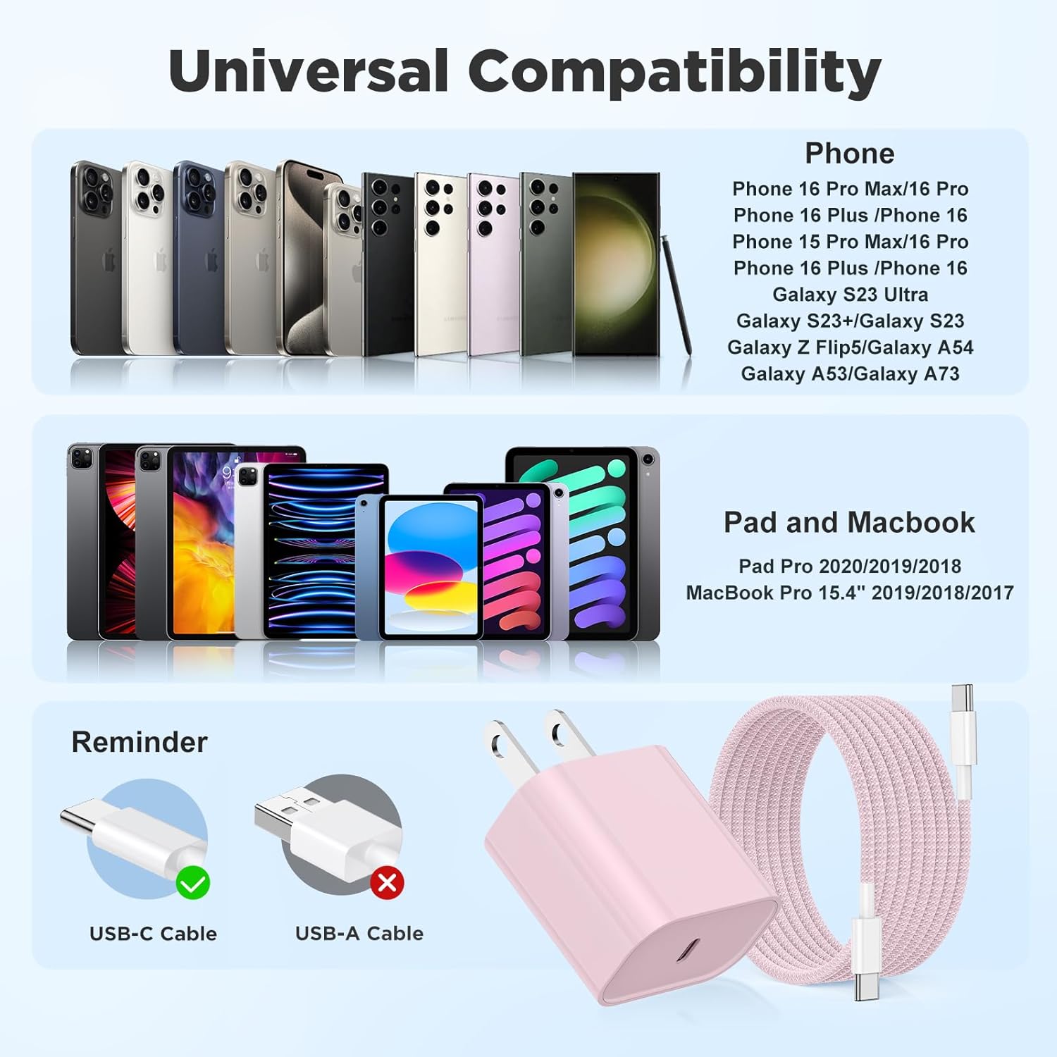 Fast Charging for iPhone 15 16 Pro Max Charger Colorful, 3Pack 20W USB C Fast Chargers Block with 6/6/10ft Long USB C to C Braided Cable Compatible with iPhone 16/15 Pro/15 Plus/iPad Pro 13/12.9,Pink